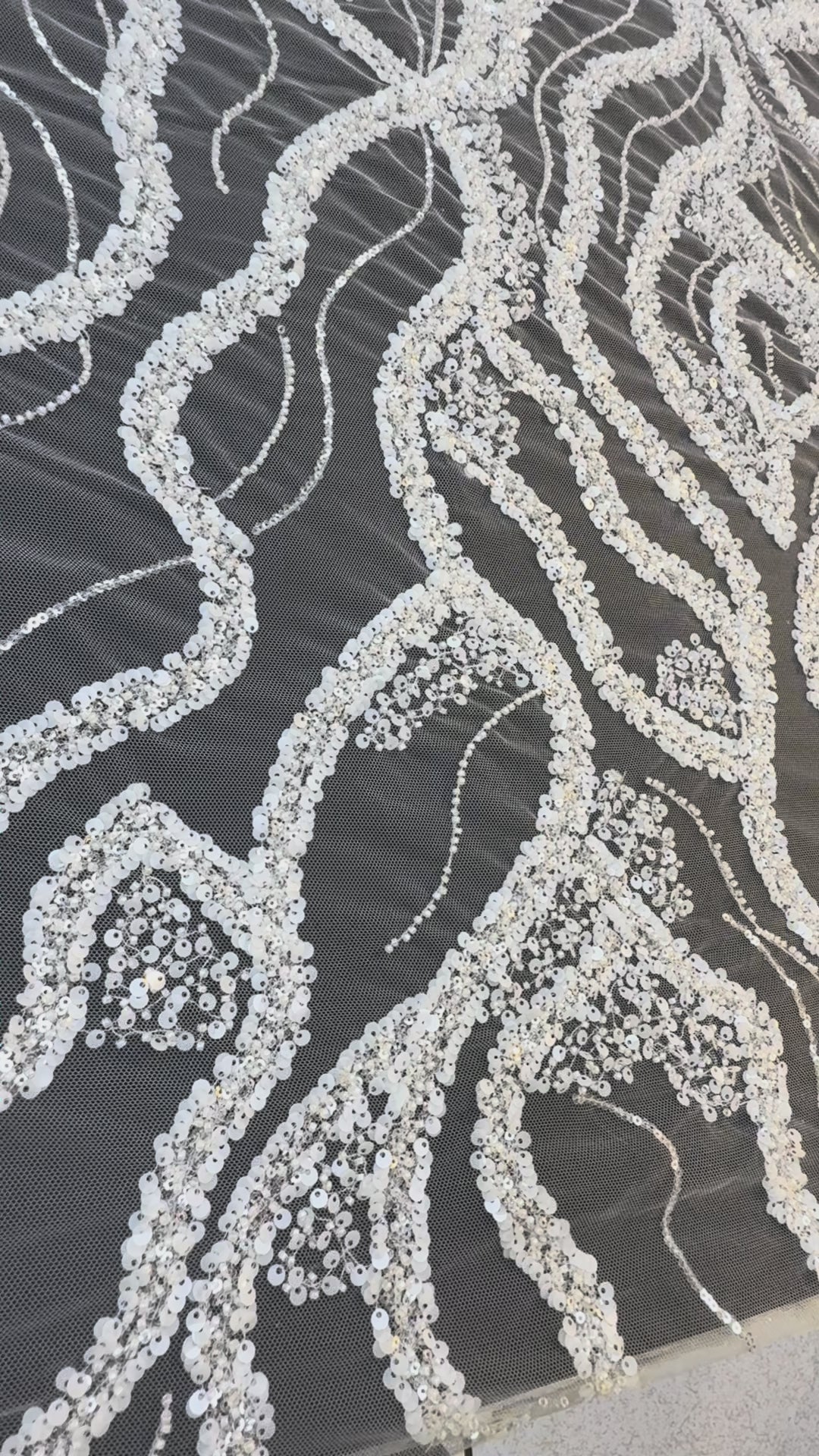 Luxury White Beads Silver Sequin Waves on Black Tulle Mesh – Couture Evening Fabric( 1 Piece = 3 Meter)
