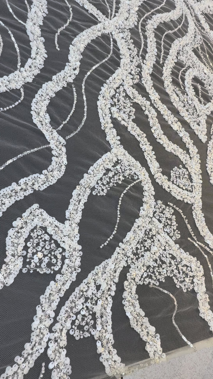 Luxury White Beads Silver Sequin Waves on Black Tulle Mesh – Couture Evening Fabric( 1 Piece = 3 Meter)