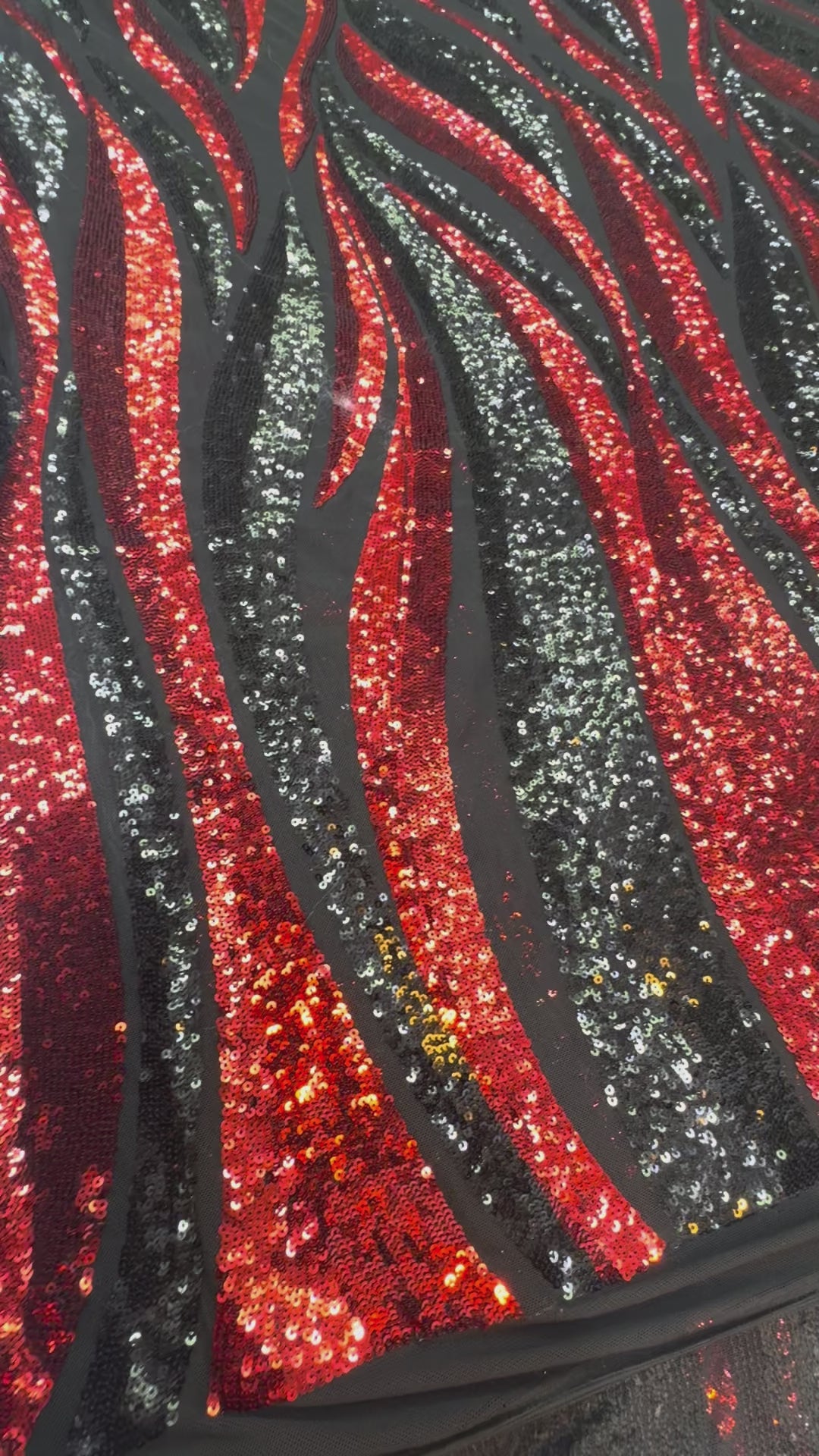 Red and Black Flame Sequin Fabric on Black Mesh ( 1 Piece = 3 Meter)