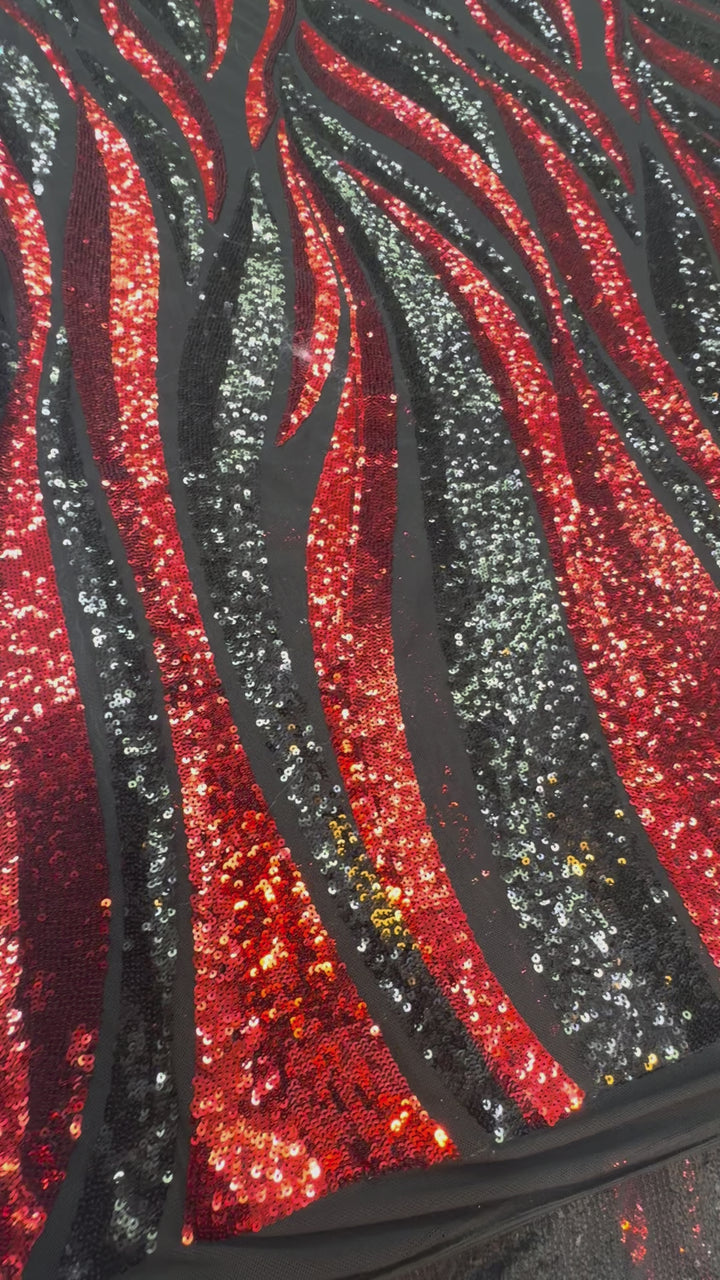 Red and Black Flame Sequin Fabric on Black Mesh ( 1 Piece = 3 Meter)