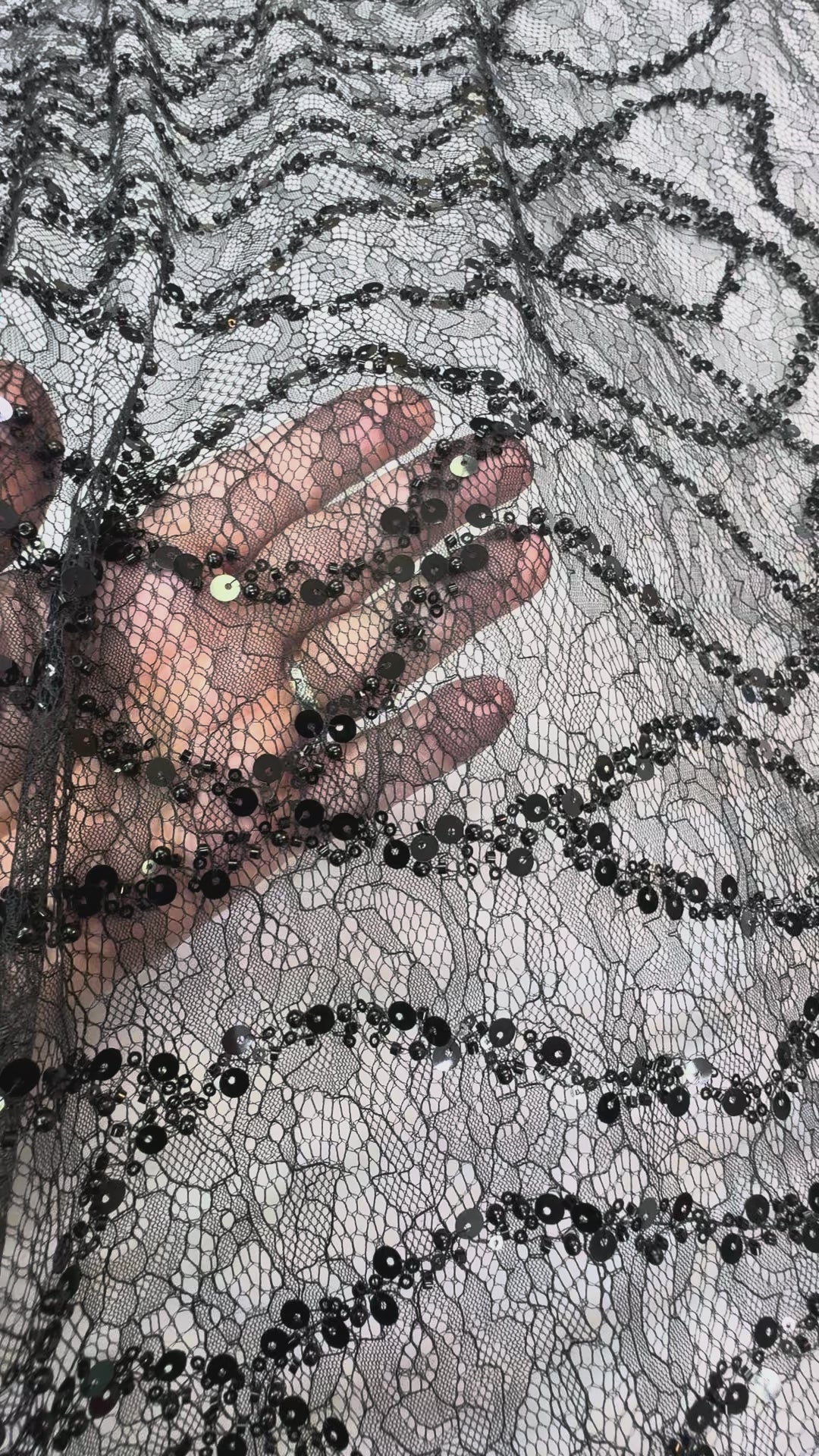Black Beaded Sequin French Lace with Abstract Pattern