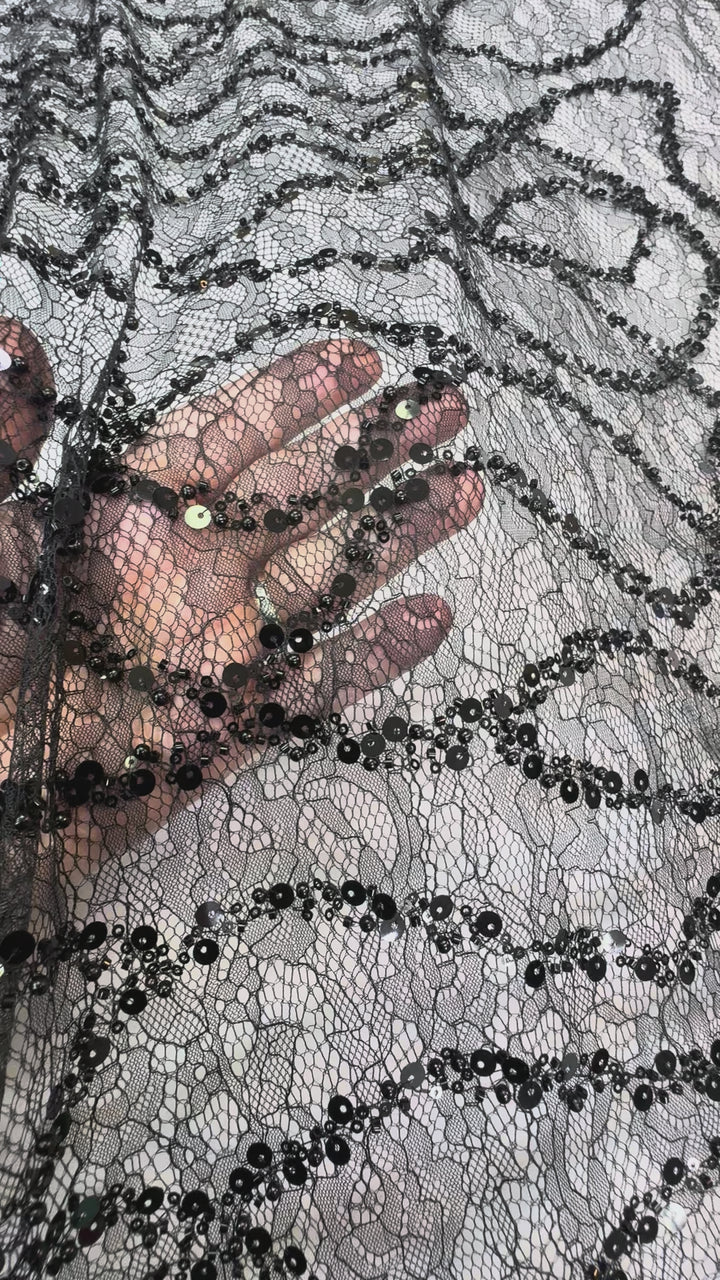 Black Beaded Sequin French Lace with Abstract Pattern
