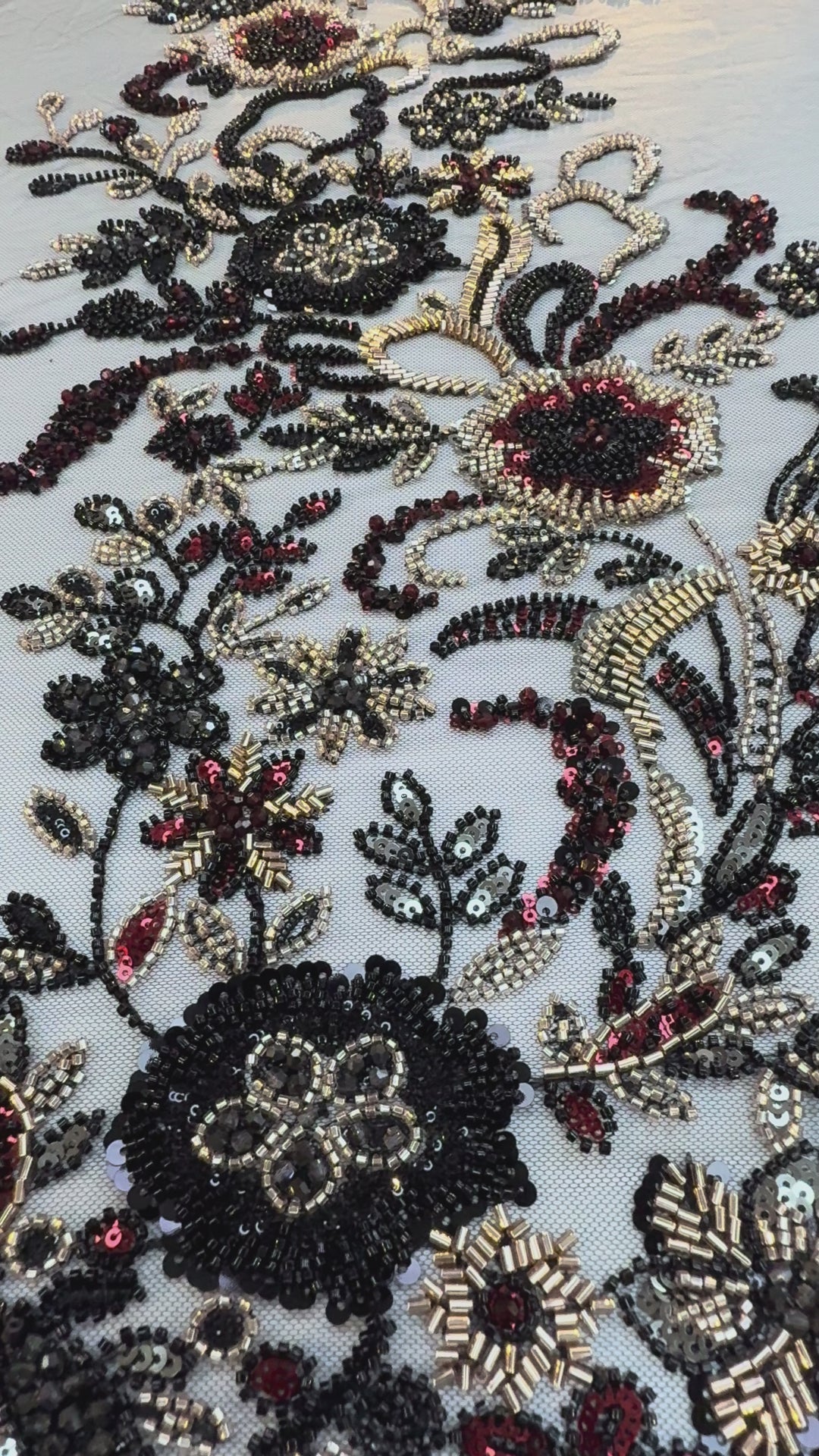 Black, Red & Gold Beaded Floral Embroidery on Tulle – Luxury Couture Fabric (1 Piece = 4 Meter)